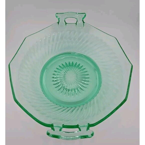 Uranium Glass - Vintage Imperial Green Twisted Optic 10" Handled Serving Bowl - Picture 9 of 16